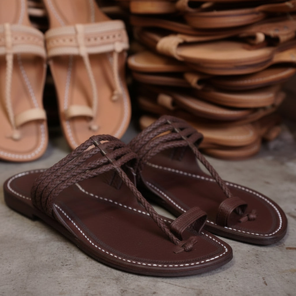Brown leather sandals with braided straps on a textured surface