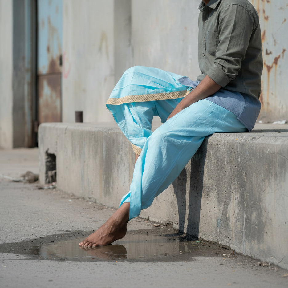 Person wearing light blue pants sitting on a rocky surface.