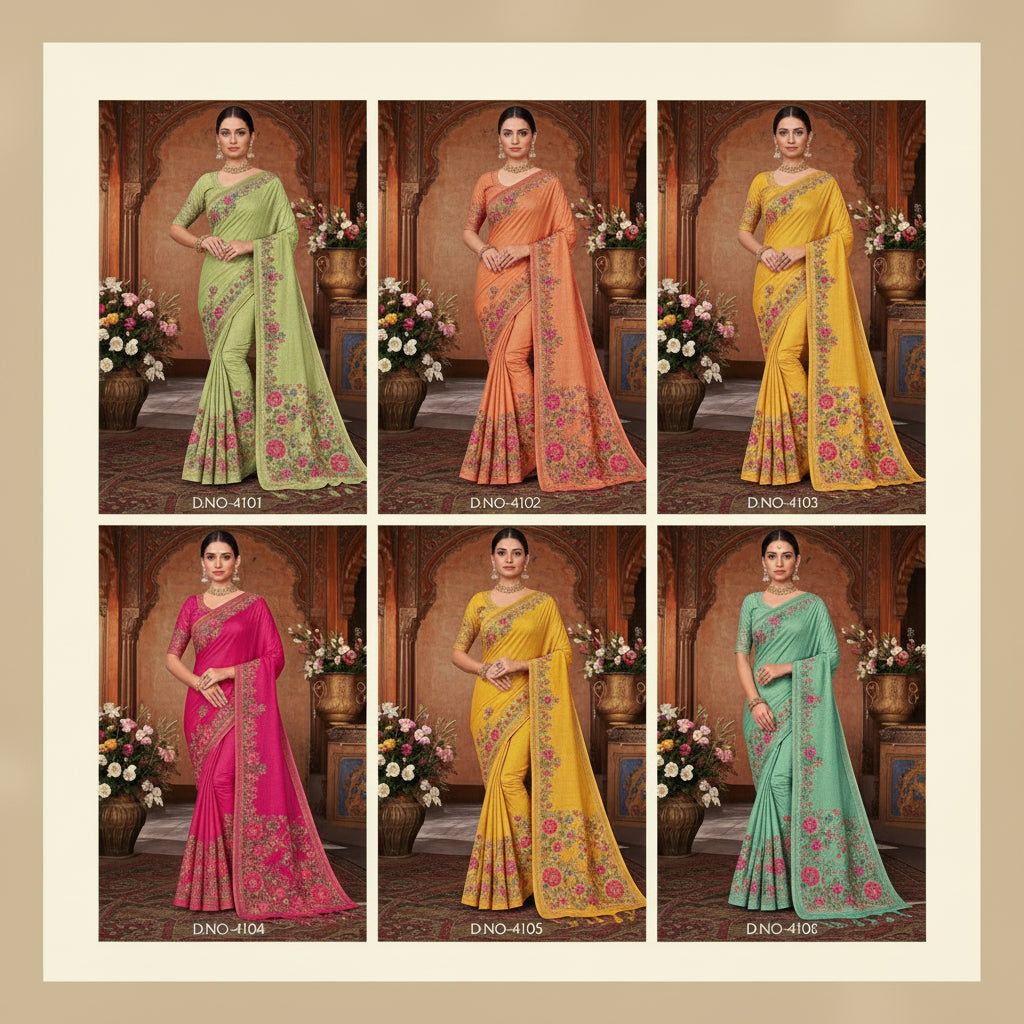 Set of six sarees in different colors with floral patterns, displayed against a decorative background.