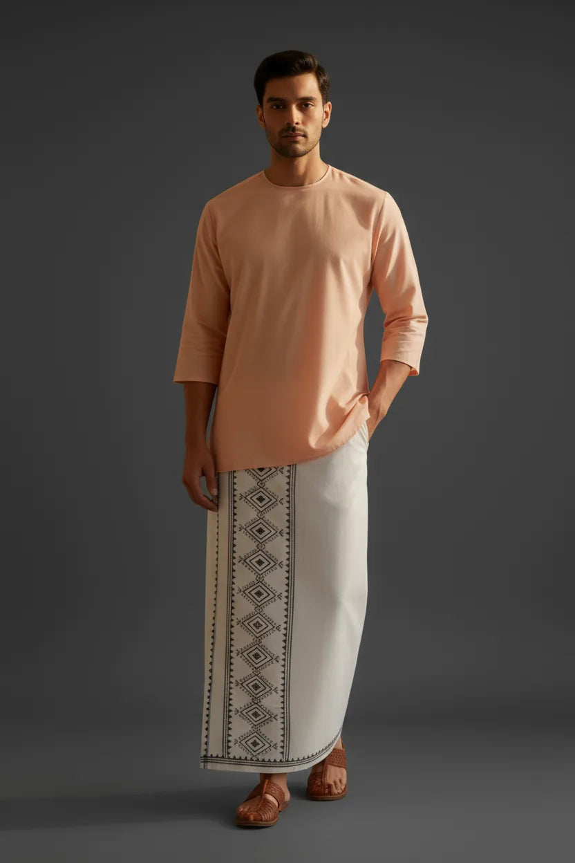 Cotton Kora Khaadi Dhoti - Lungi Wrap| Block Printed Dhoti - Lungi Wrap for Men | 100% Handwoven Cotton | Ethnic Comfort Wrap - Squares