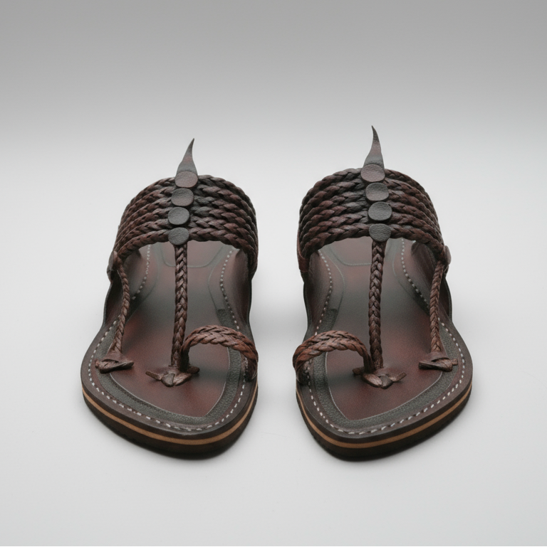 Pair of brown sandals with braided design on a gray background
