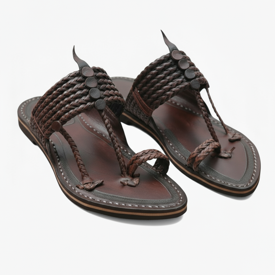 Pair of brown Just Kolhapuris by niira with braided straps on a white background