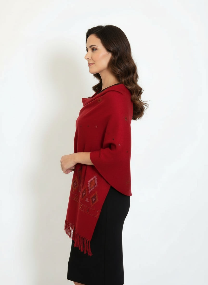 Authentic Kullu Handloom Woven Pure Wool Shawl - Red | Women |