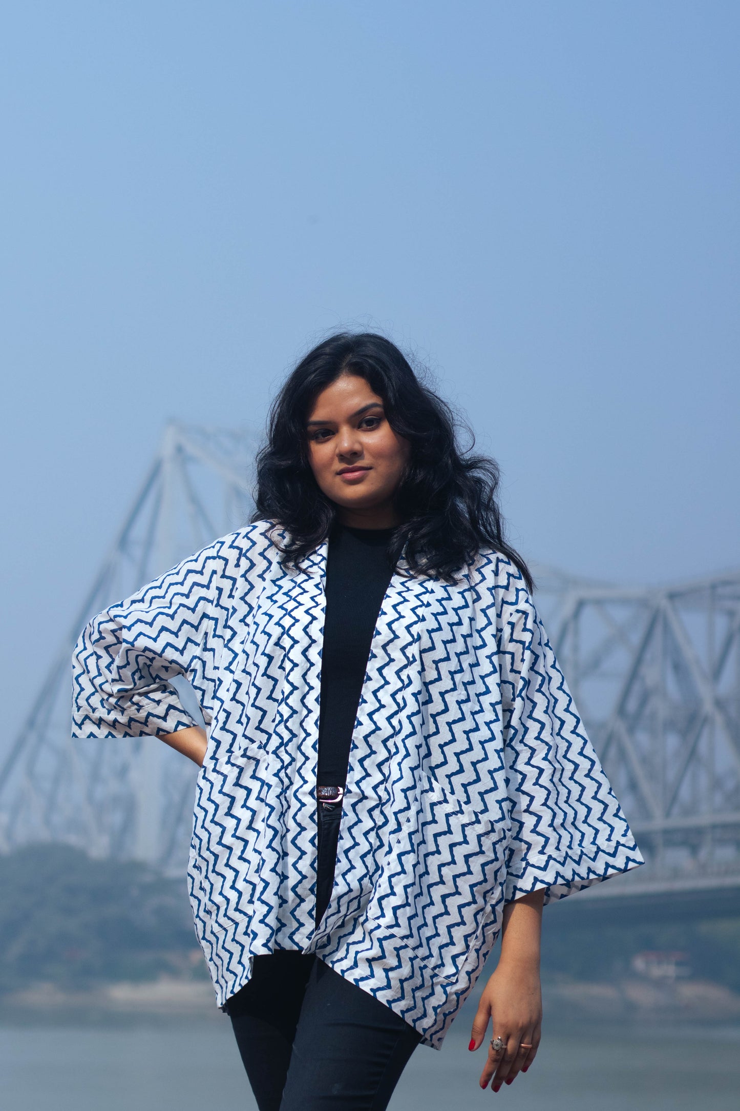 Raahi Shrug - Hand block print (white & blue) - Unisex