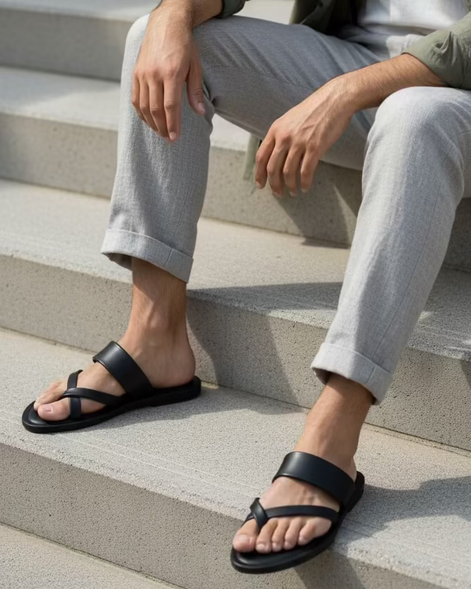 Person wearing black sandals sitting on concrete steps.