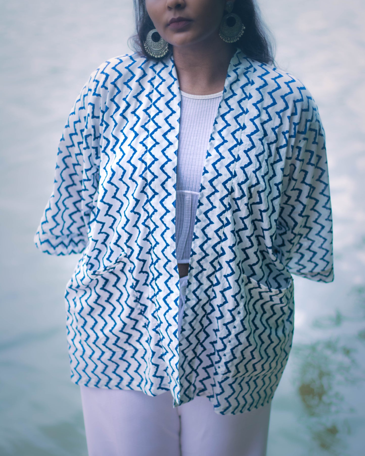Raahi Shrug - Hand block print (white & blue) - Unisex