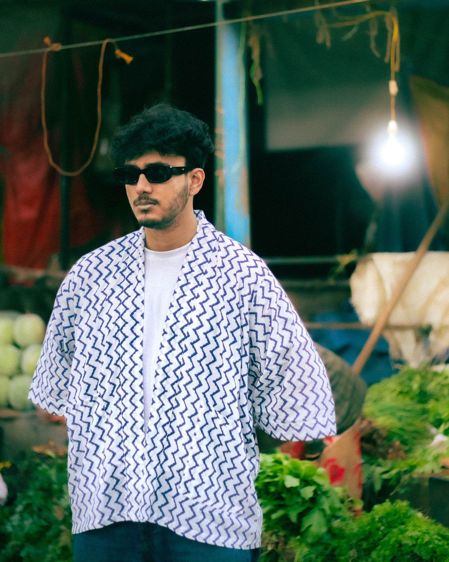 Raahi Shrug - Hand block print (white & blue) - Unisex