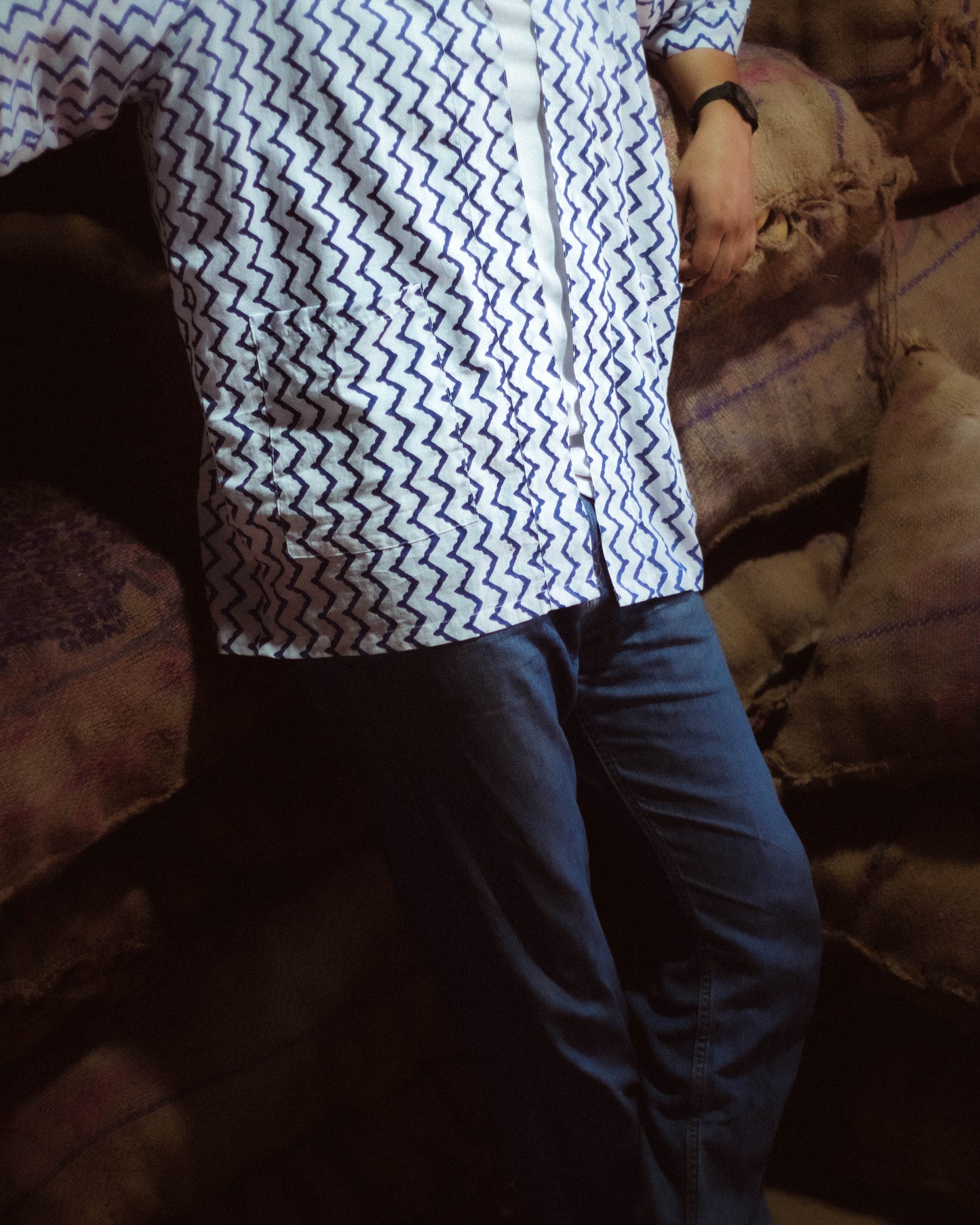 Raahi Shrug - Hand block print (white & blue) - Unisex