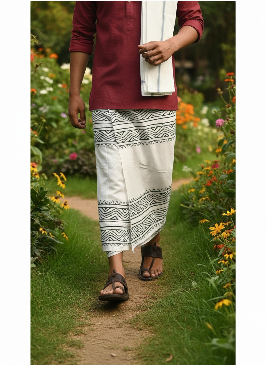 Kora Khaadi Dhoti - Lungi | Veshti | Pancha Wrap - White
