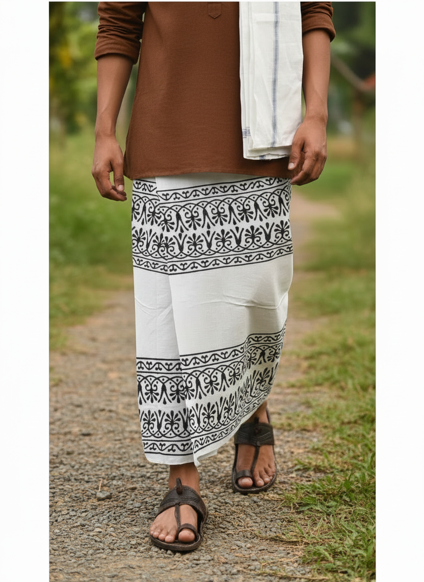 Kora Khaadi Dhoti - Lungi | Veshti | Pancha Wrap - White