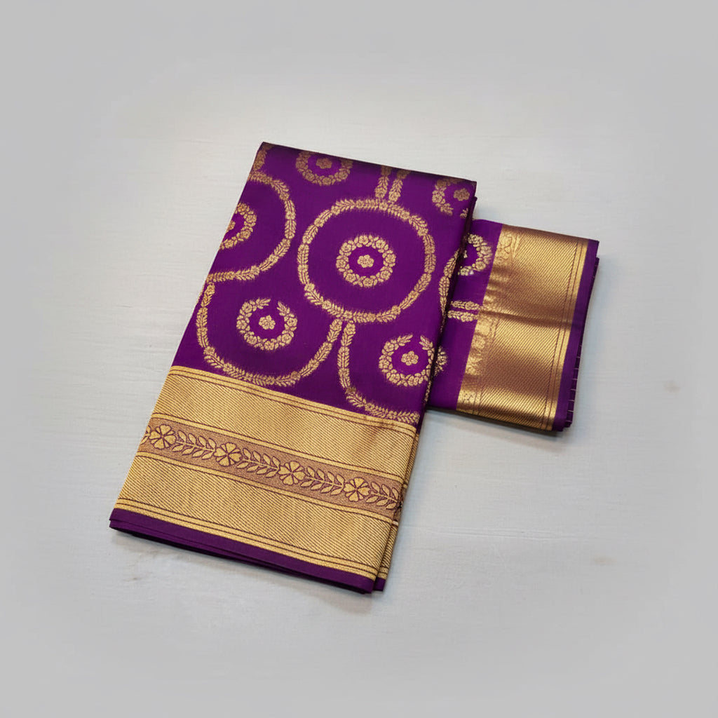 Purple and gold saree with intricate patterns on a wooden board.