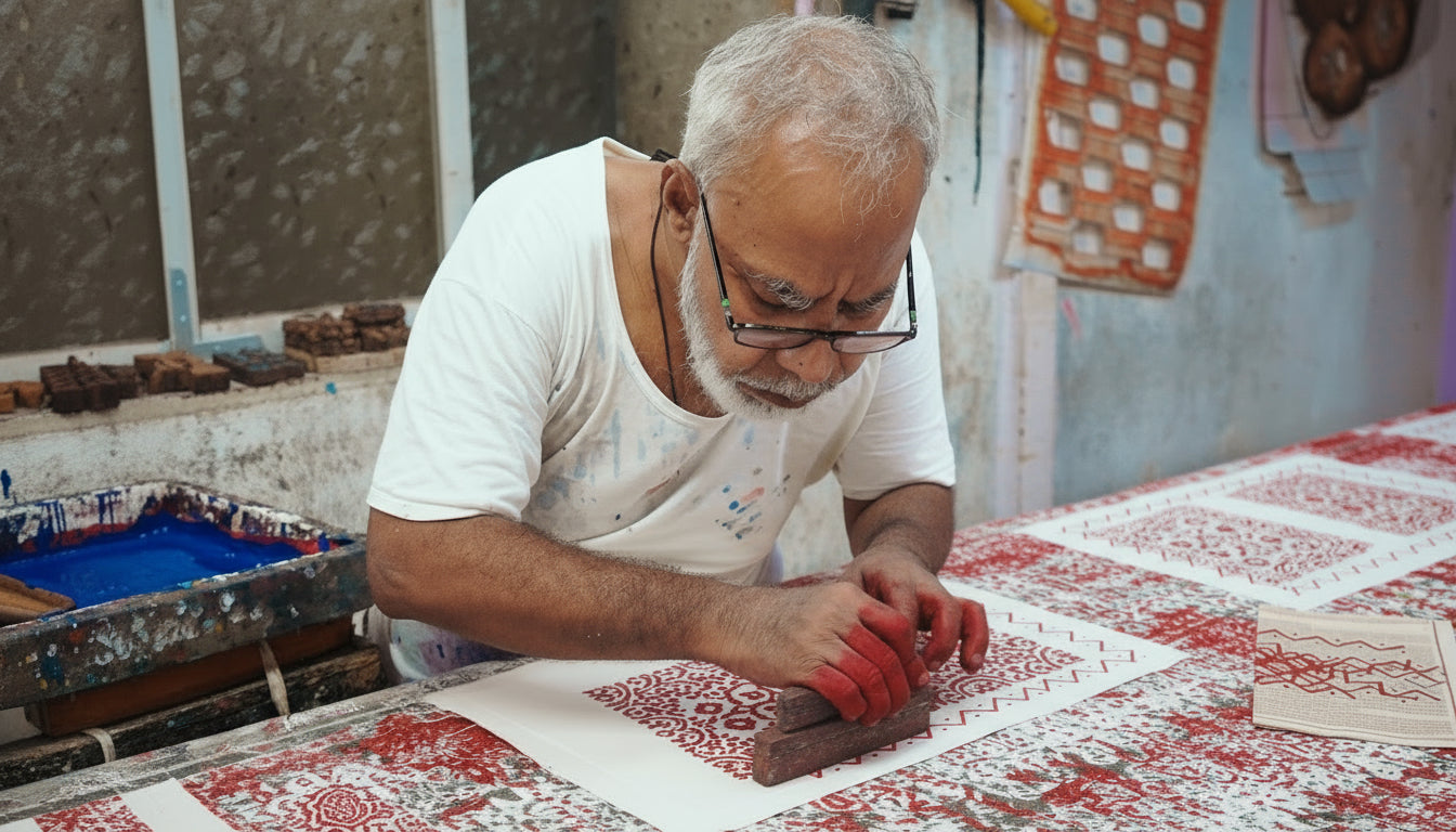 Hand Block-Printed Table Runner & Mat Set with Climbers