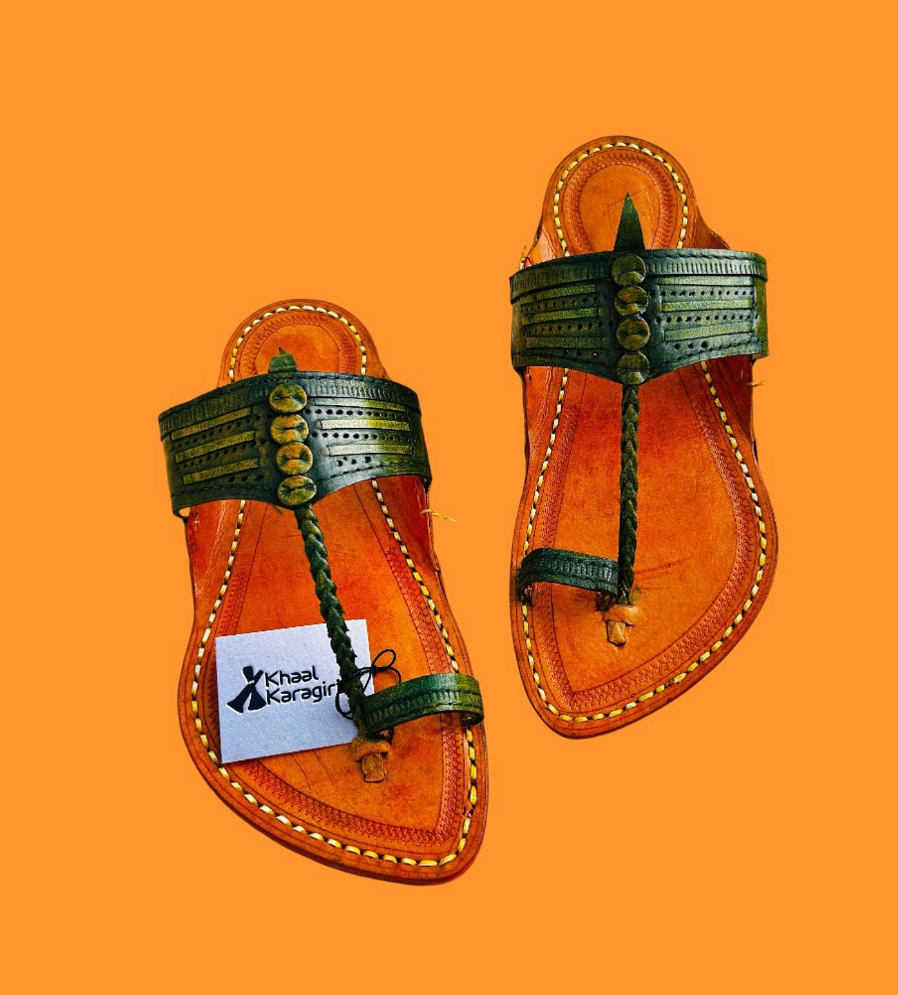 Khaal Kolhapuri Chappal for Men - Yellow and Green