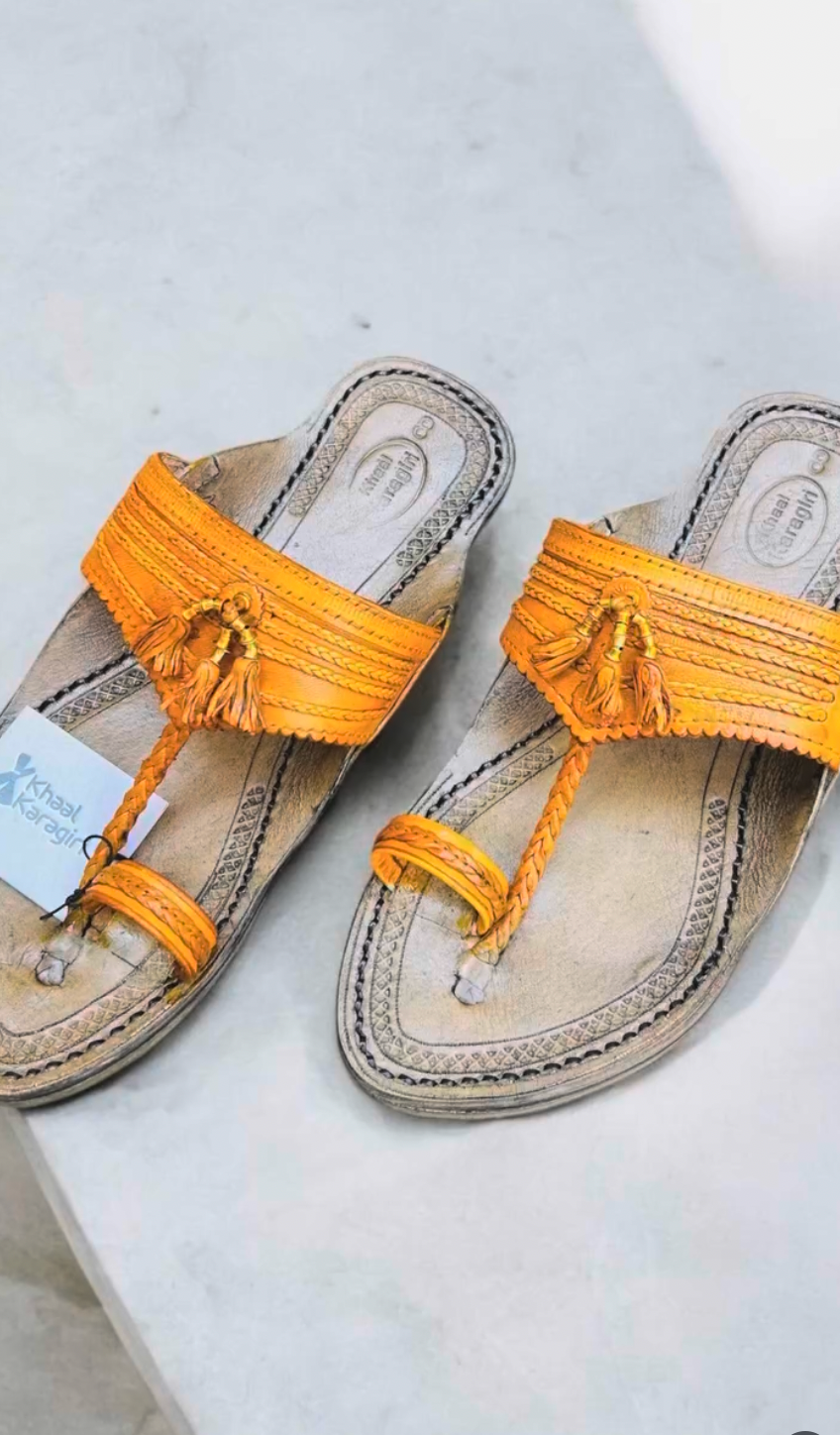 Khaal Kolhapuri Chappal for Men - Yellow and Grey