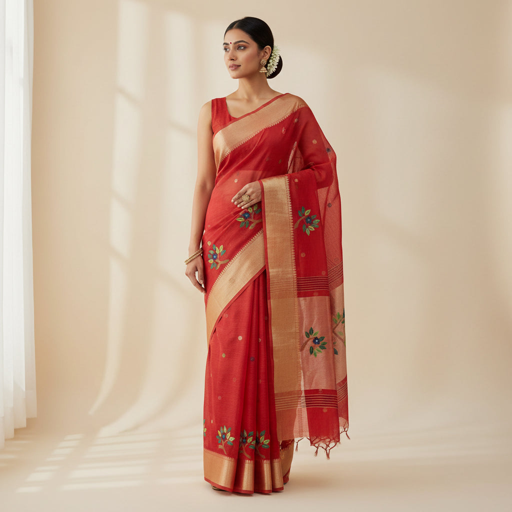 Red blouse with floral embroidery and a gold border on a patterned background