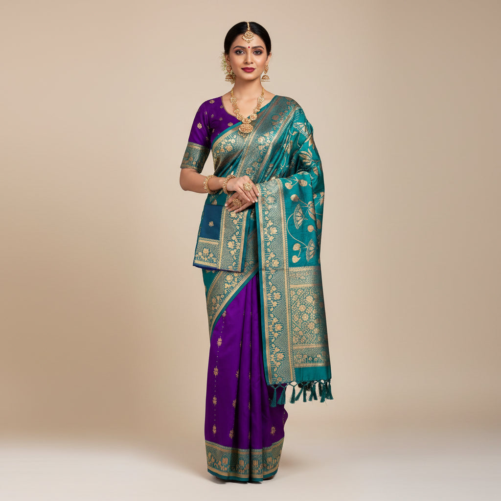 Teal and purple saree with floral patterns on a white background