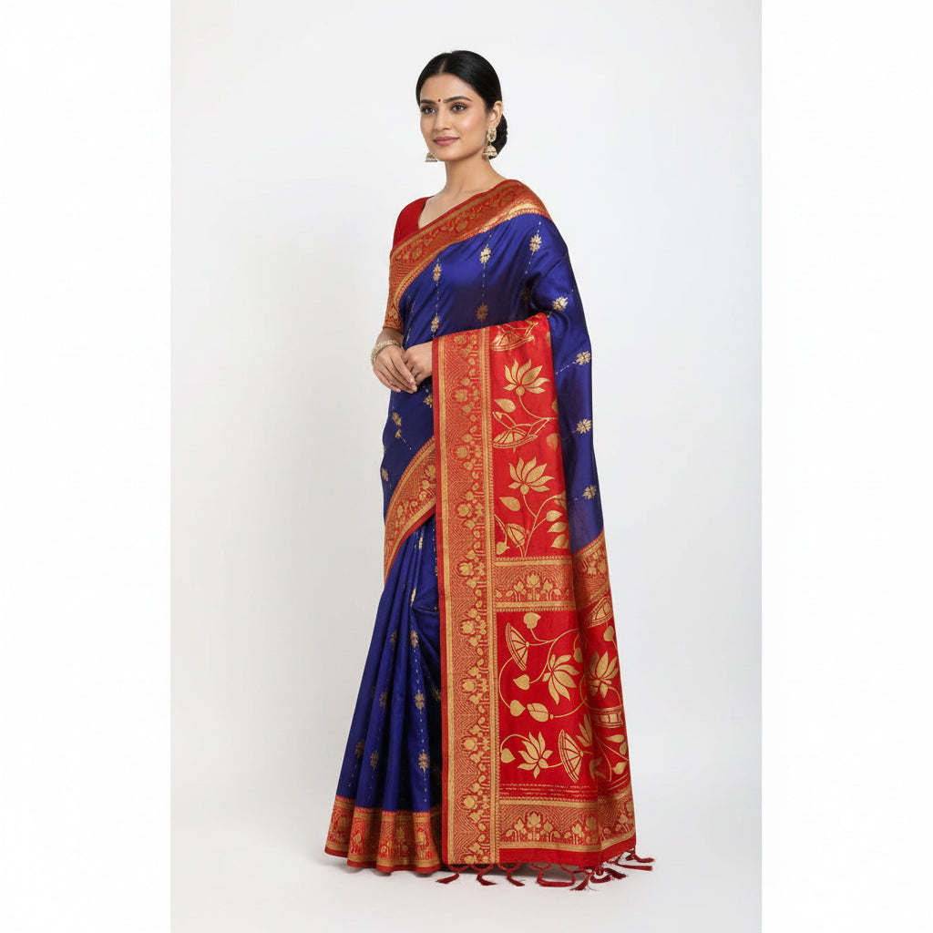 Red and blue saree with gold floral patterns on a white background