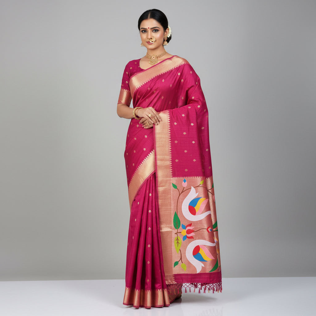 Decorative pink fabric with colorful swan design on a white background