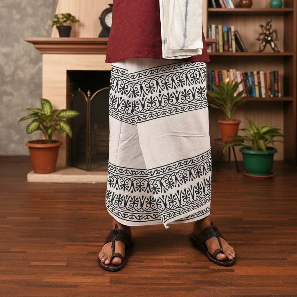 Person wearing a white skirt with black patterns in a room with plants and books.