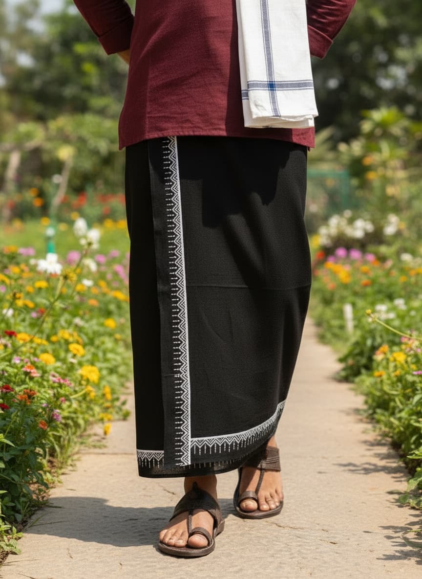 Kora Khaadi Dhoti - Lungi | Veshti | Pancha Wrap - Black