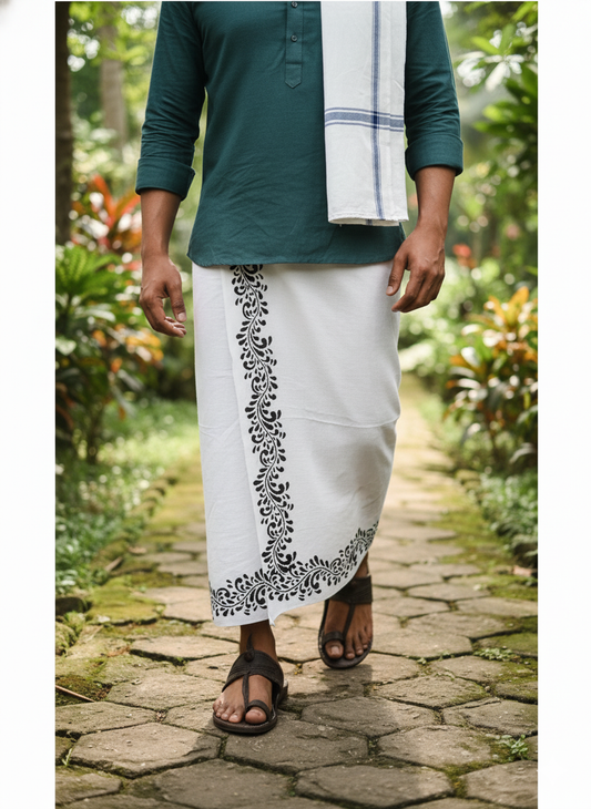 Kora Khaadi Dhoti - Lungi | Veshti | Pancha Wrap - White