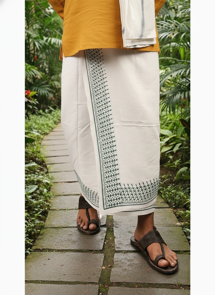 Kora Khaadi Dhoti - Lungi | Veshti | Pancha Wrap - White