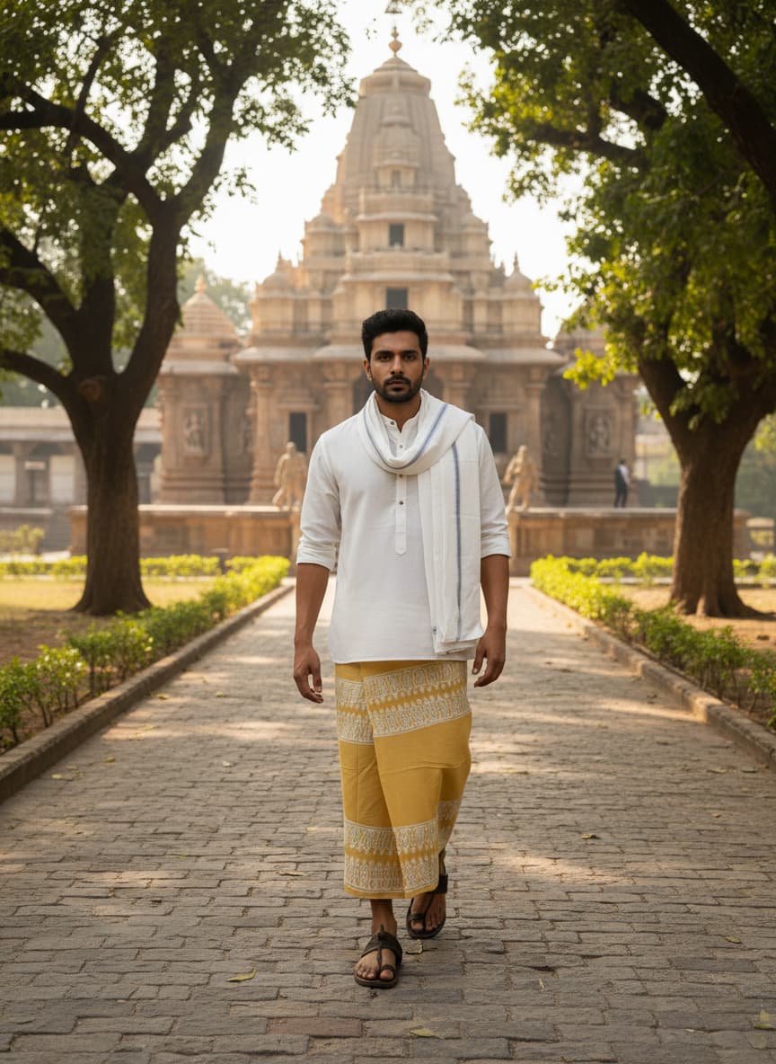 Kora Khaadi Dhoti - Lungi | Veshti | Pancha Wrap - Yellow