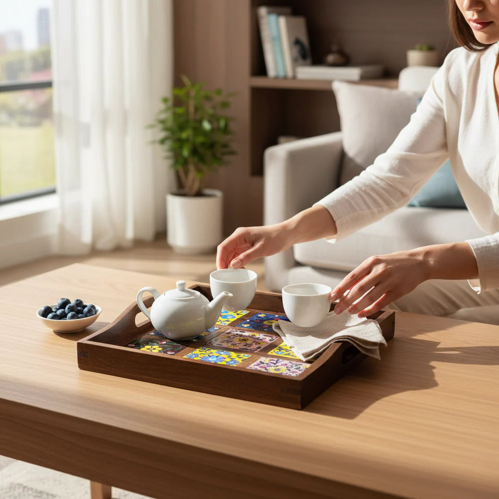 Blue Pottery Tray with 9 Tiles