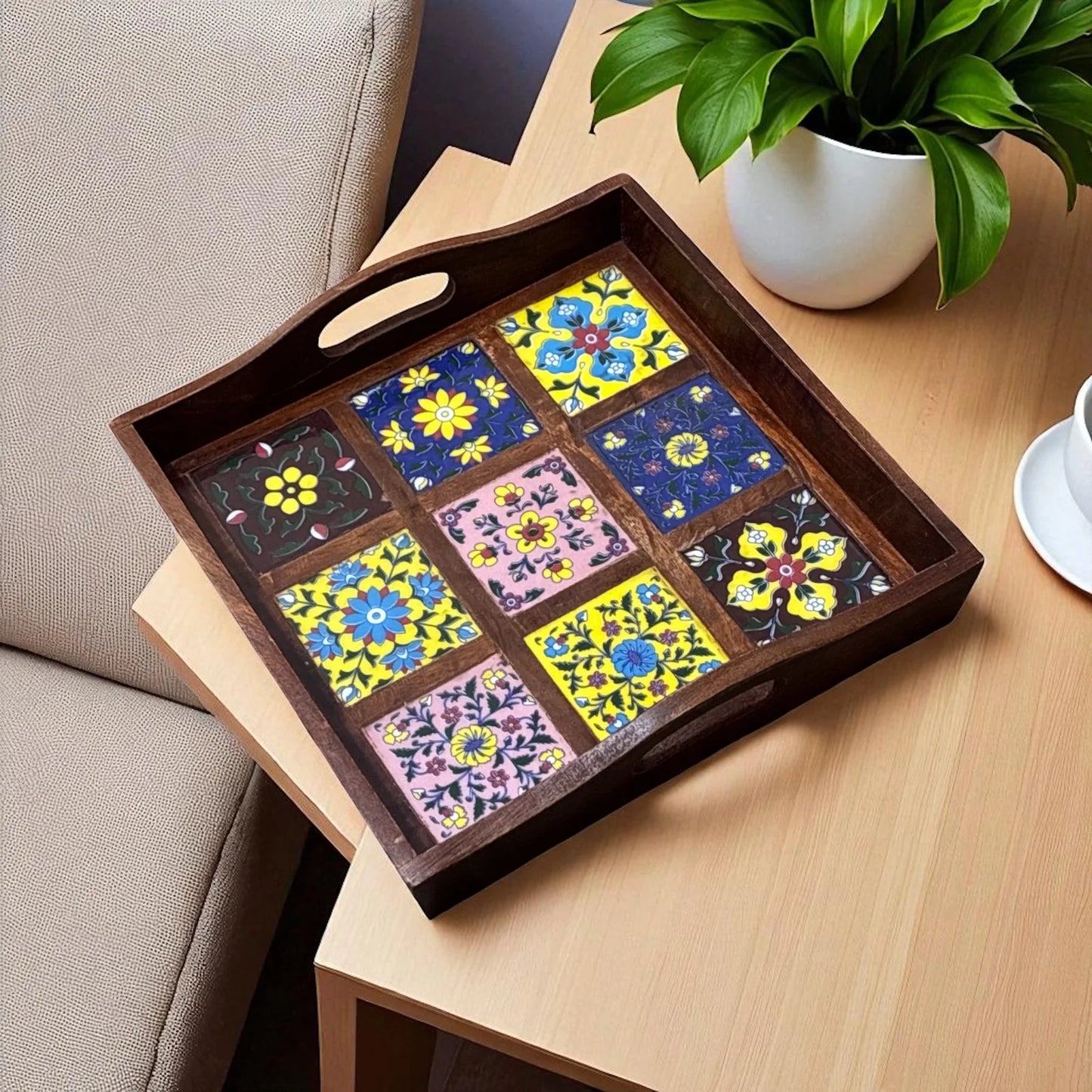Blue Pottery Tray with 9 Tiles