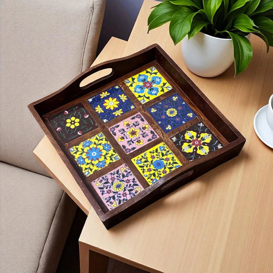 Blue Pottery Tray with 9 Tiles