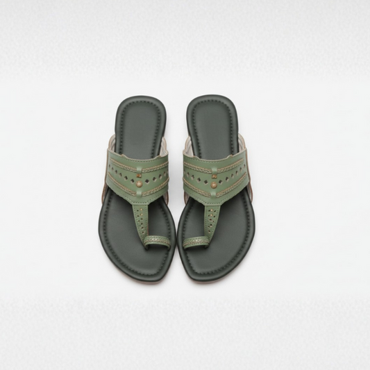 Women Kolhapuri | Forest Green Super Soft Kols by NIIRA| Stylish & Comfortable | Handmade by Local Artisans - Green and Dark Grey