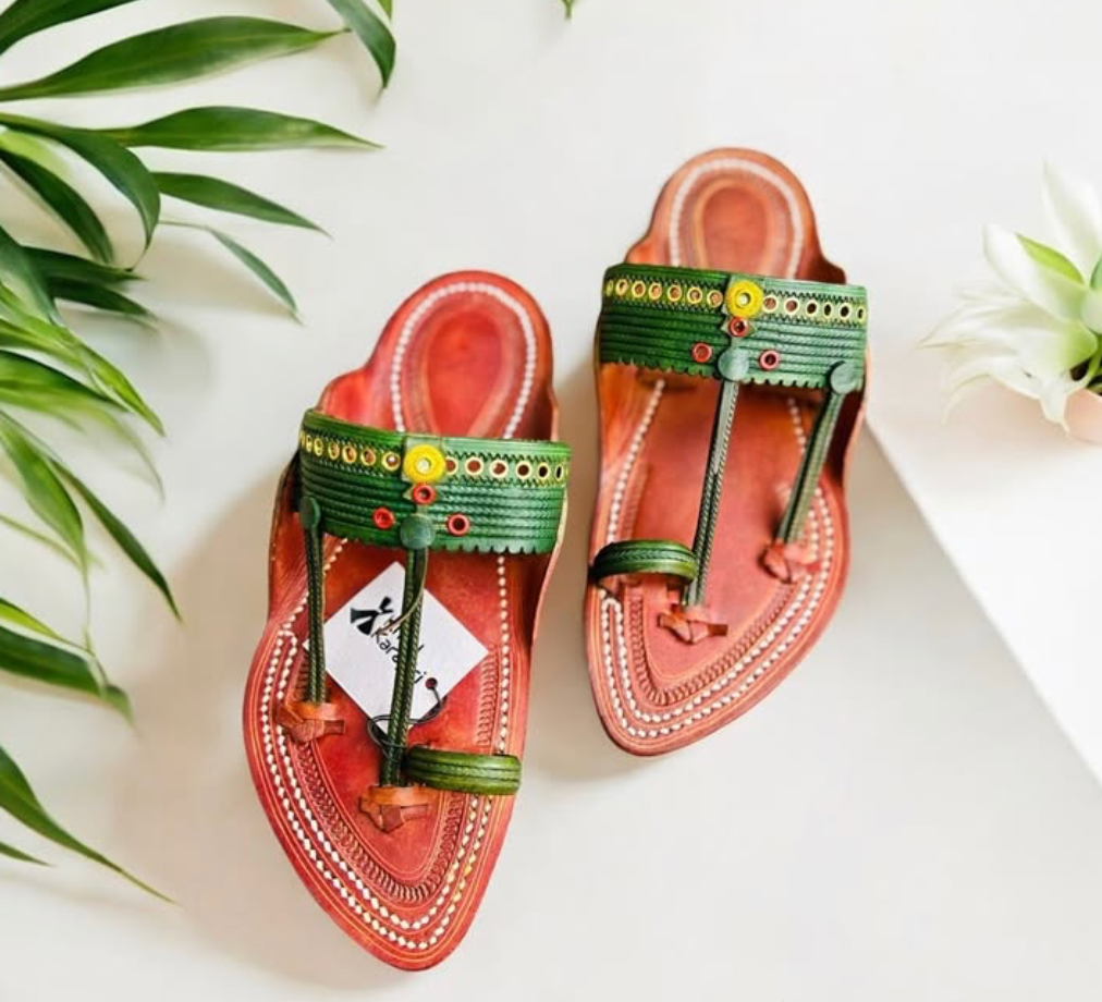 Khaal Kolhapuri Chappal for Men - Red and Green