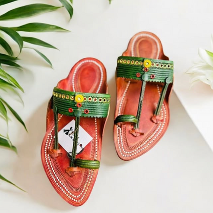Khaal Kolhapuri Chappal for Men - Red and Green