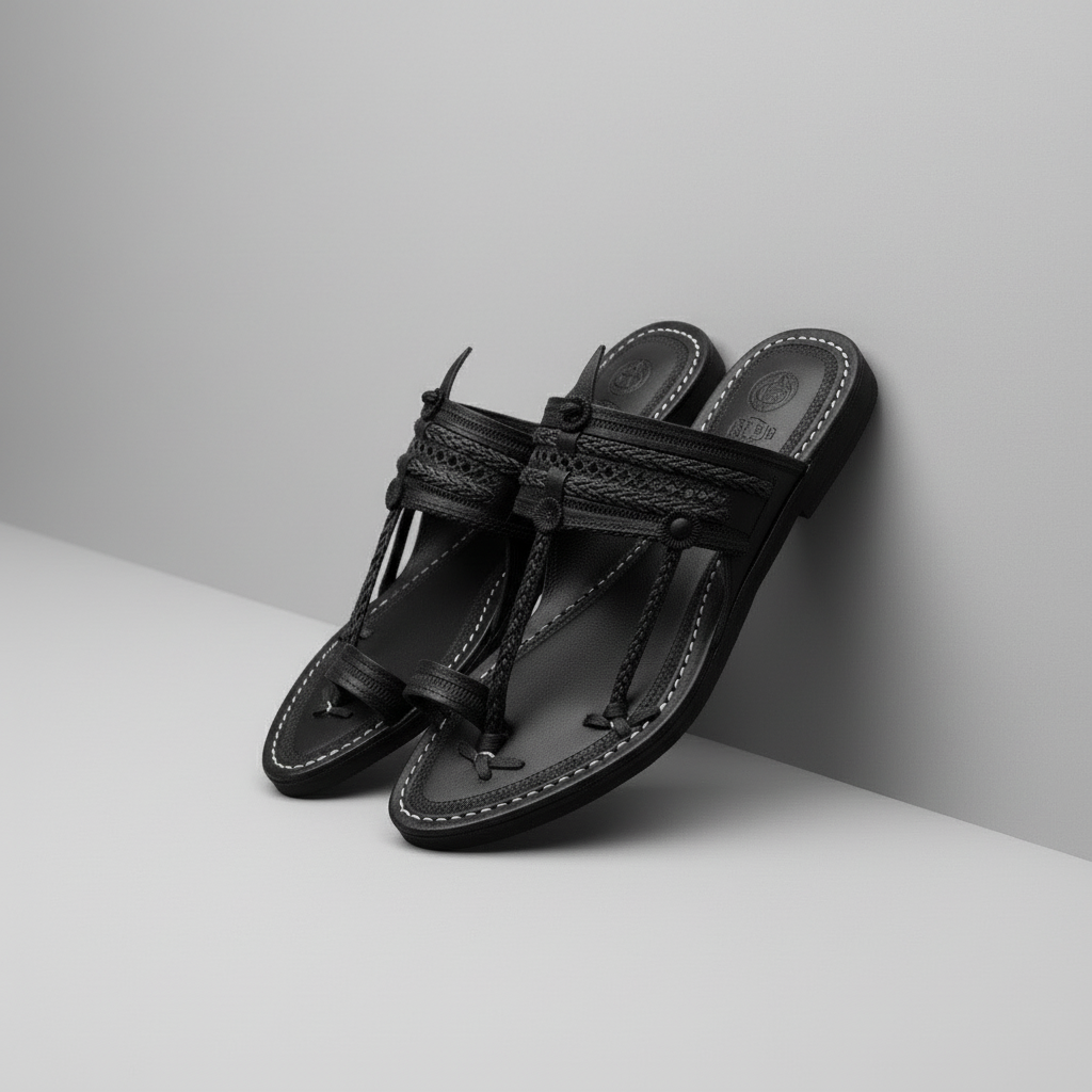 The Double Dark | Men |  Leather Kolhapuri Chappal | Black