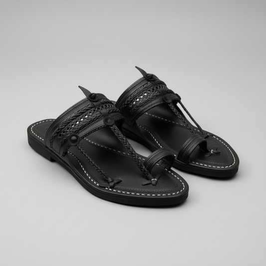 The Double Dark | Men |  Leather Kolhapuri Chappal | Black
