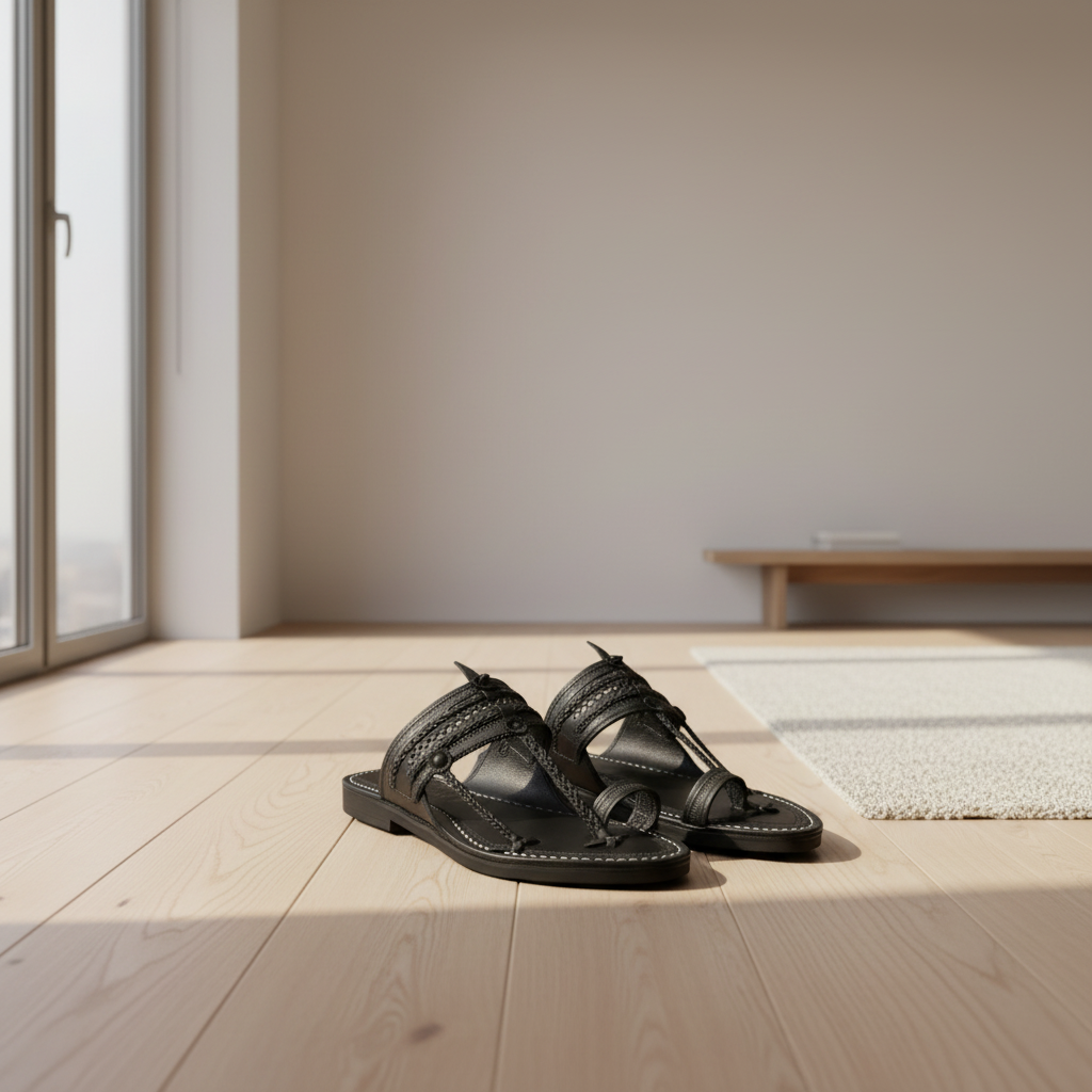 The Double Dark | Men |  Leather Kolhapuri Chappal | Black