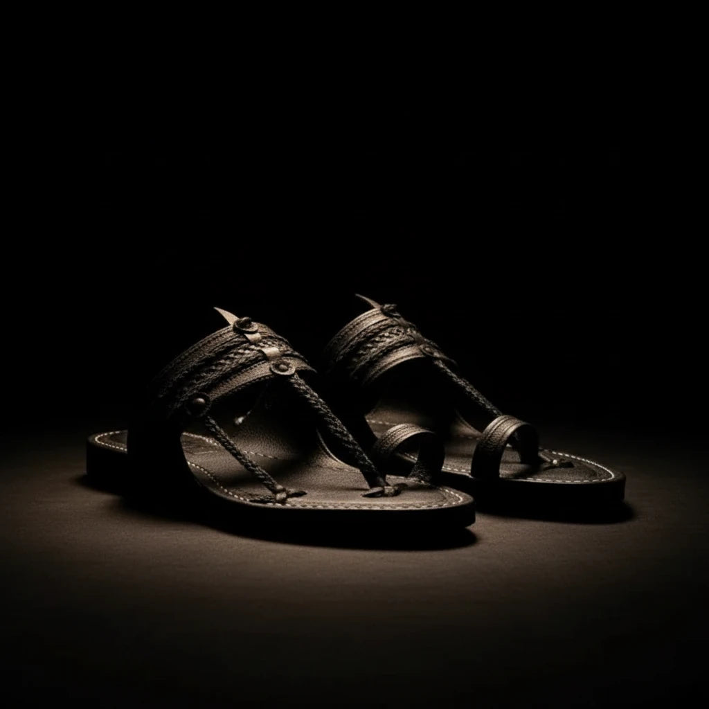 A pair of black leather slide sandals with woven straps and tassel details, placed on a light wood plank floor in a minimalist, sunlit room.