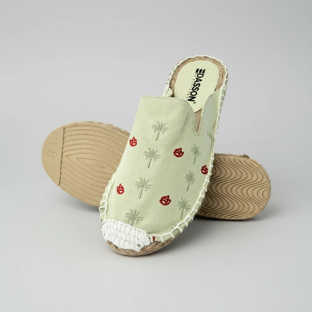 Pair of open-toe shoes with embroidered design on a white background
