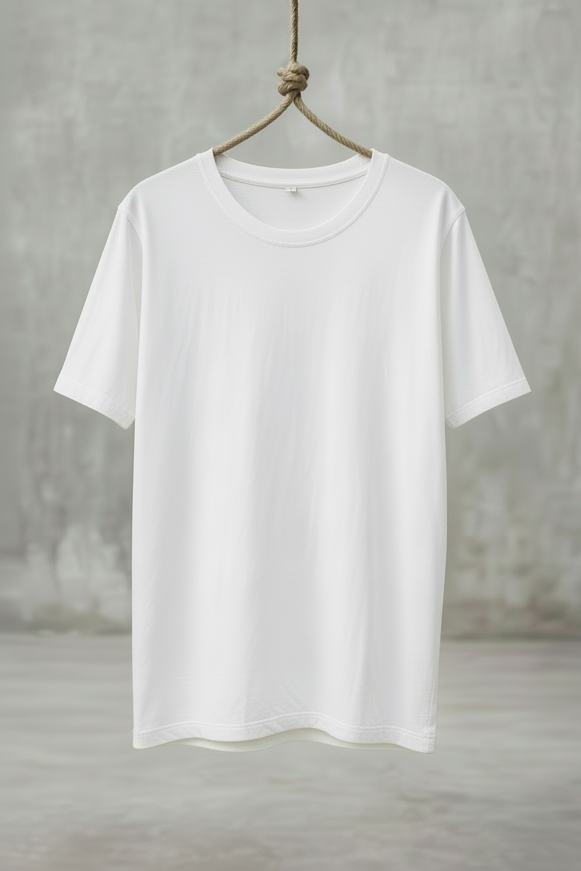 White t-shirt hanging on a wooden hanger against a gray concrete wall.