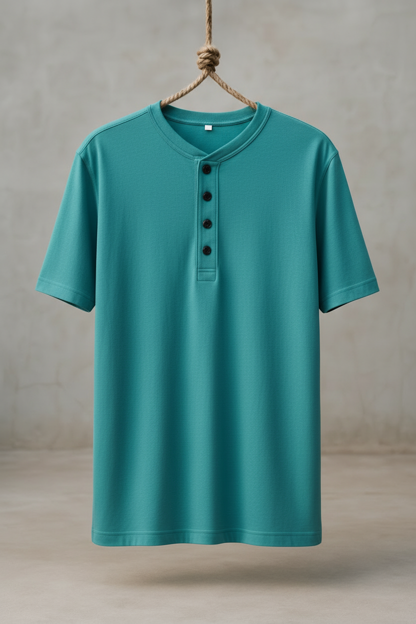 Teal short-sleeve henley shirt hanging on a wooden hook against a neutral background