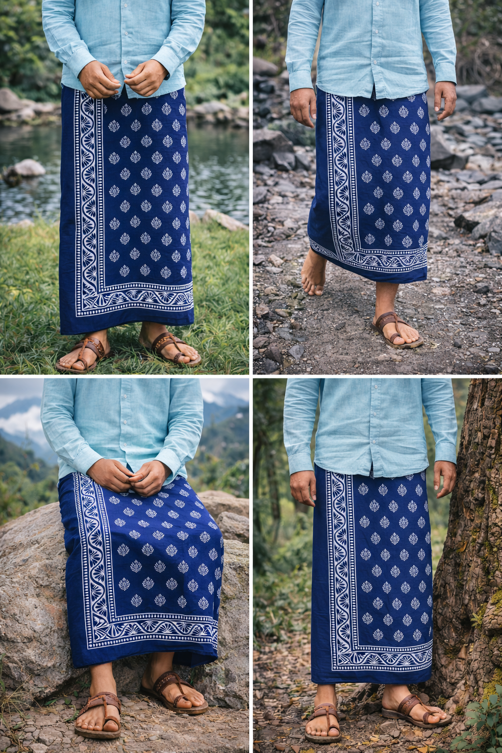 Person wearing a blue patterned skirt outdoors in various settings