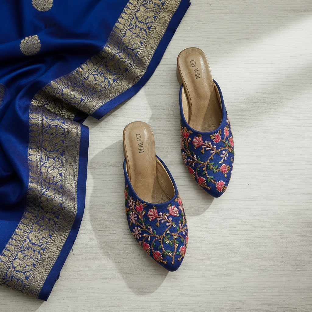Blue embroidered shoes with floral patterns, a saree, and jewelry on a light wooden surface.