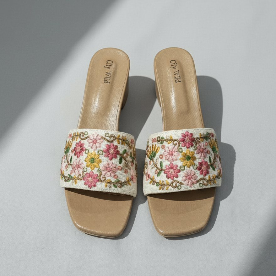 Pair of floral embroidered sandals on a wooden floor