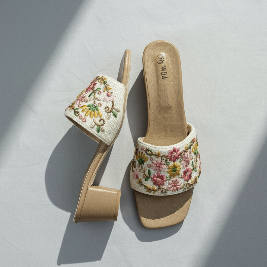 Pair of floral embroidered sandals on a wooden floor