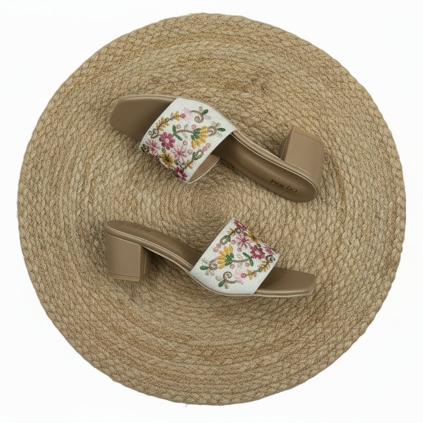 Pair of beige high-heeled sandals with floral design on a woven mat surrounded by flowers and leaves.