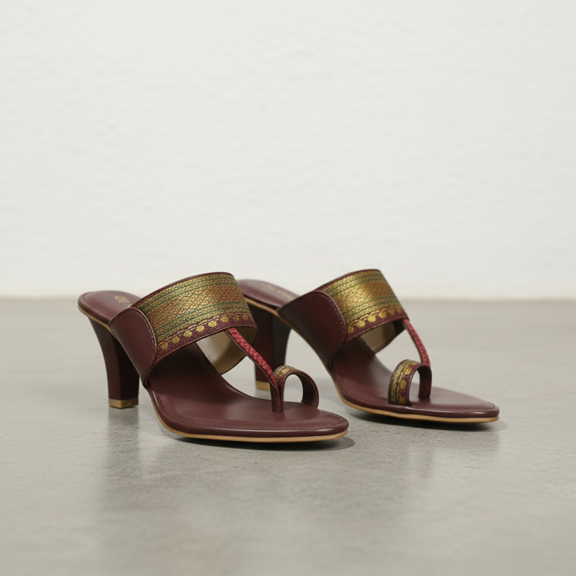 Pair of high-heeled sandals with gold accents on a neutral background