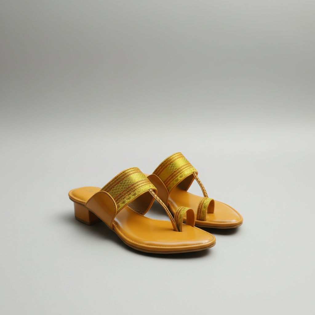 Yellow sandals on a wooden table with a garden background