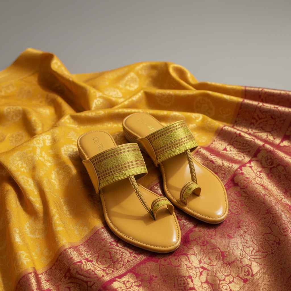 Pair of tan sandals with gold straps on a patterned fabric background with flowers.