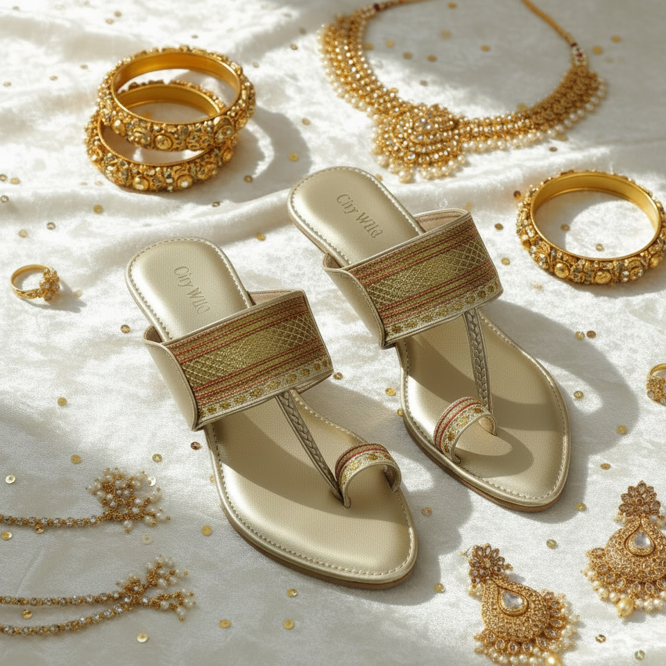 Gold sandals with decorative straps surrounded by gold jewelry on a white fabric background