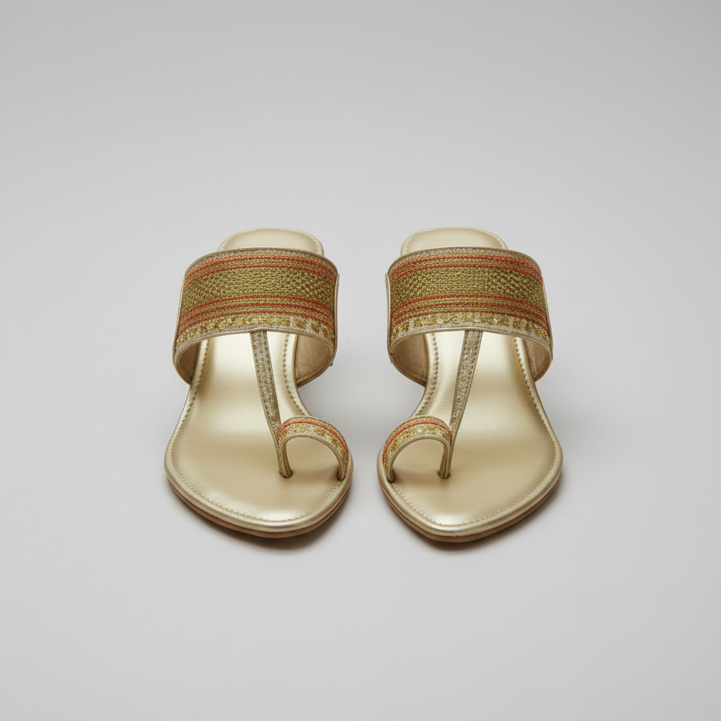 Gold sandals with jewelry and flowers on a textured surface